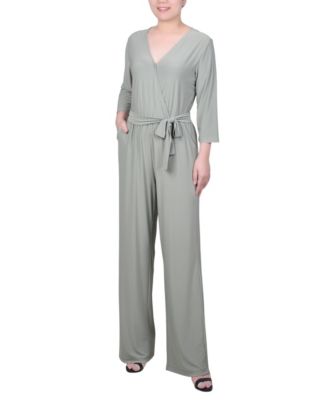 NY Collection Petite 3 4 Sleeve Belted Jumpsuit Oil Green PS