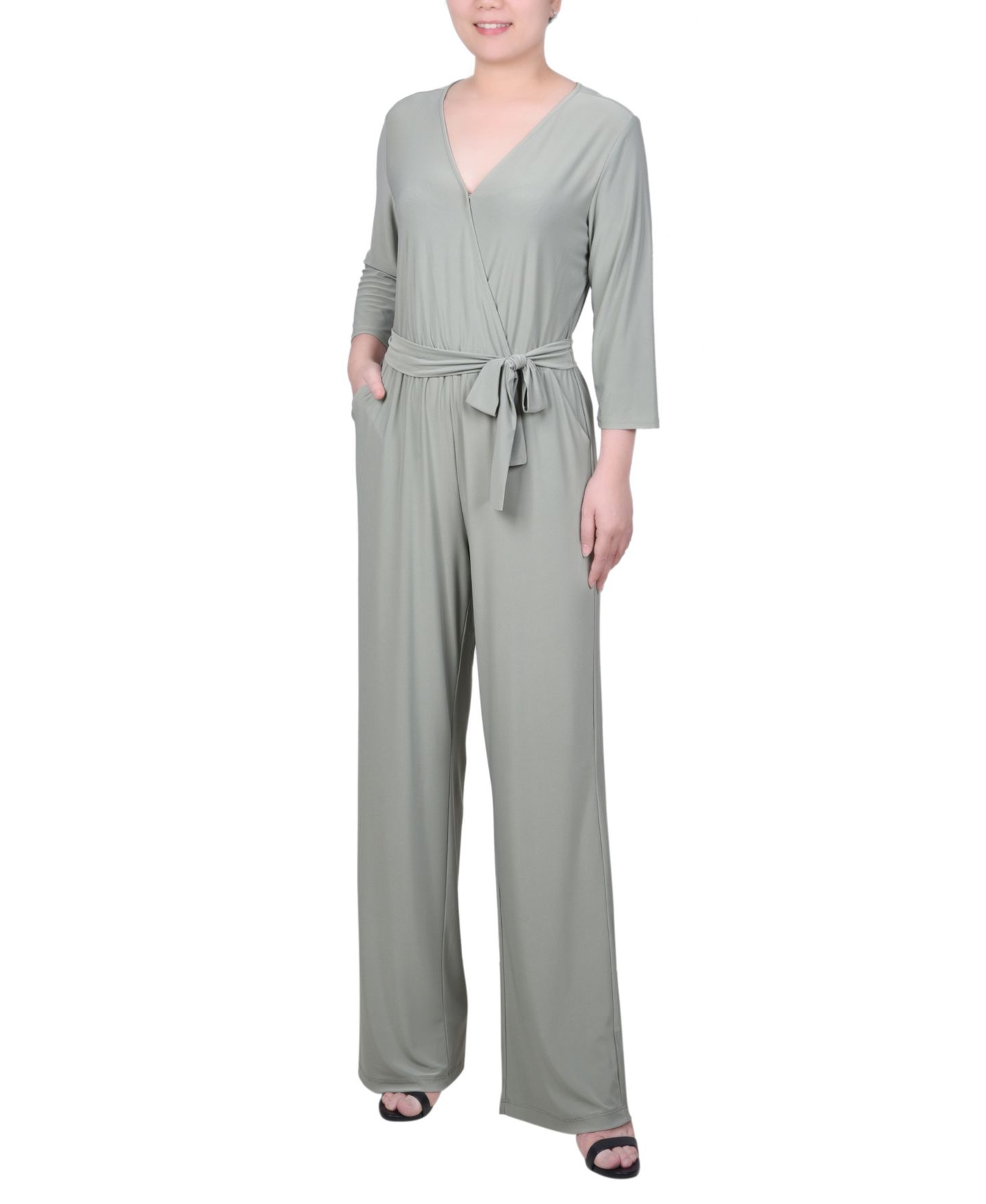 Женский комбинезон NY Collection Petite 3/4 Sleeve Printed Belted Jumpsuit, цвет: Зелёный — фото 1