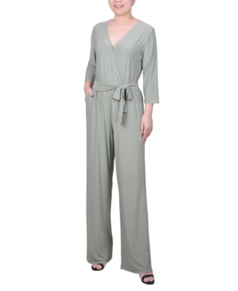 Женский комбинезон NY Collection Petite 3/4 Sleeve Printed Belted Jumpsuit, цвет: Зелёный