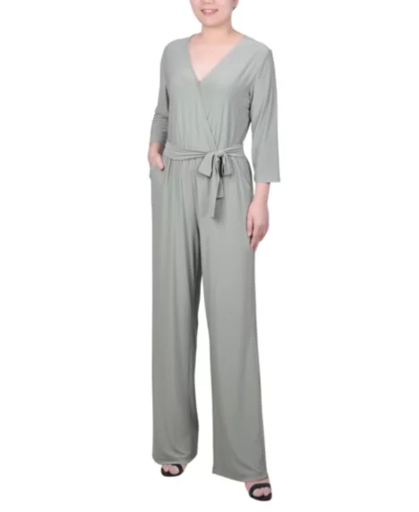 Petite 3/4 Sleeve Printed Belted Jumpsuit - Oil Green