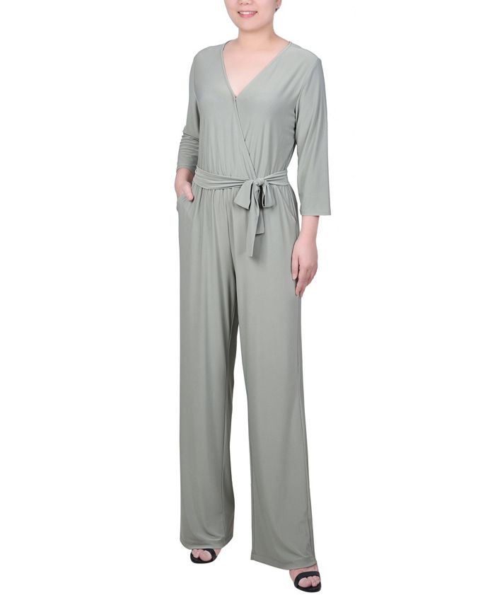 NY Collection Petite 3/4 Sleeve Printed Belted Jumpsuit - Macy's