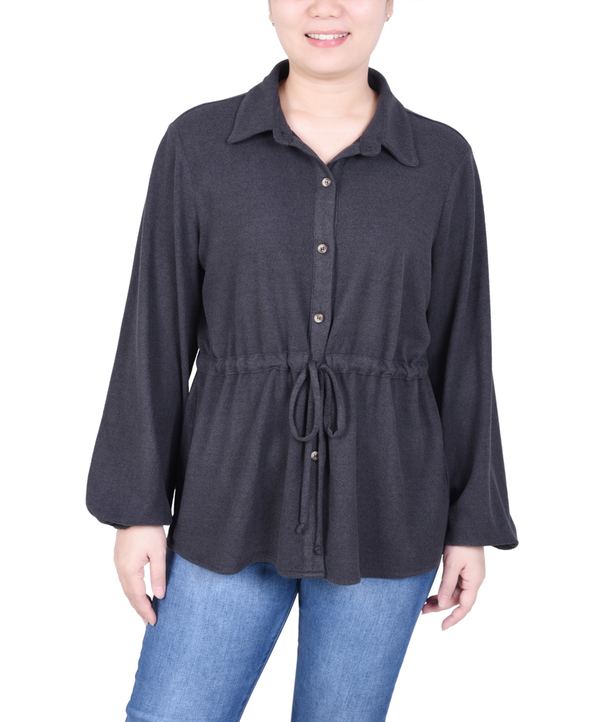 Ny Collection Petite Long Dolman Sleeve Drawstring-waist Tunic Top In Dark Charcoal