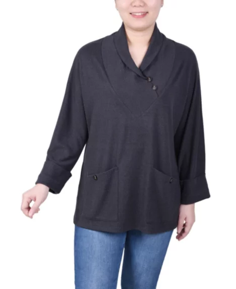Petite Cuff Sleeve Shawl Collar Top - Dark Charcoal