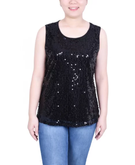 Petite Sleeveless Sequined Tank with Combo Banding Top - Black