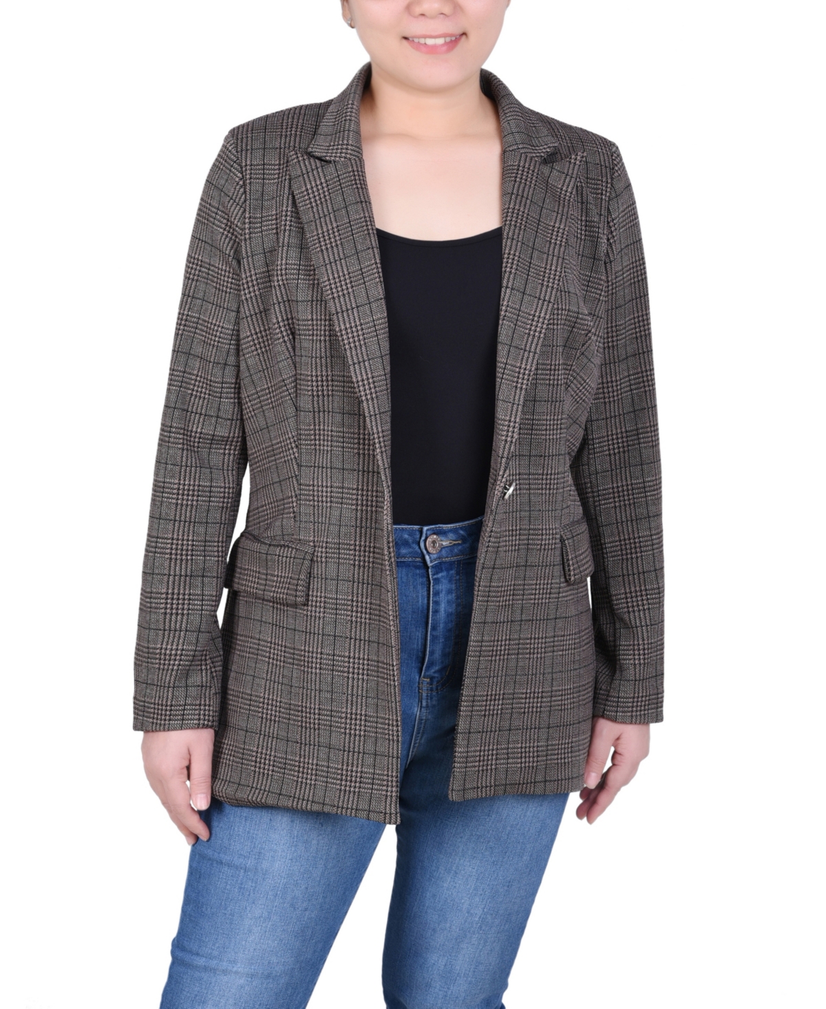 Ny Collection Petite Long Sleeve Ponte Jacket In Taupe Black Benplaid