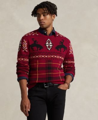폴로 랄프로렌 Polo Ralph Lauren Mens Western-Inspired Fair Isle Sweater,Red Combo