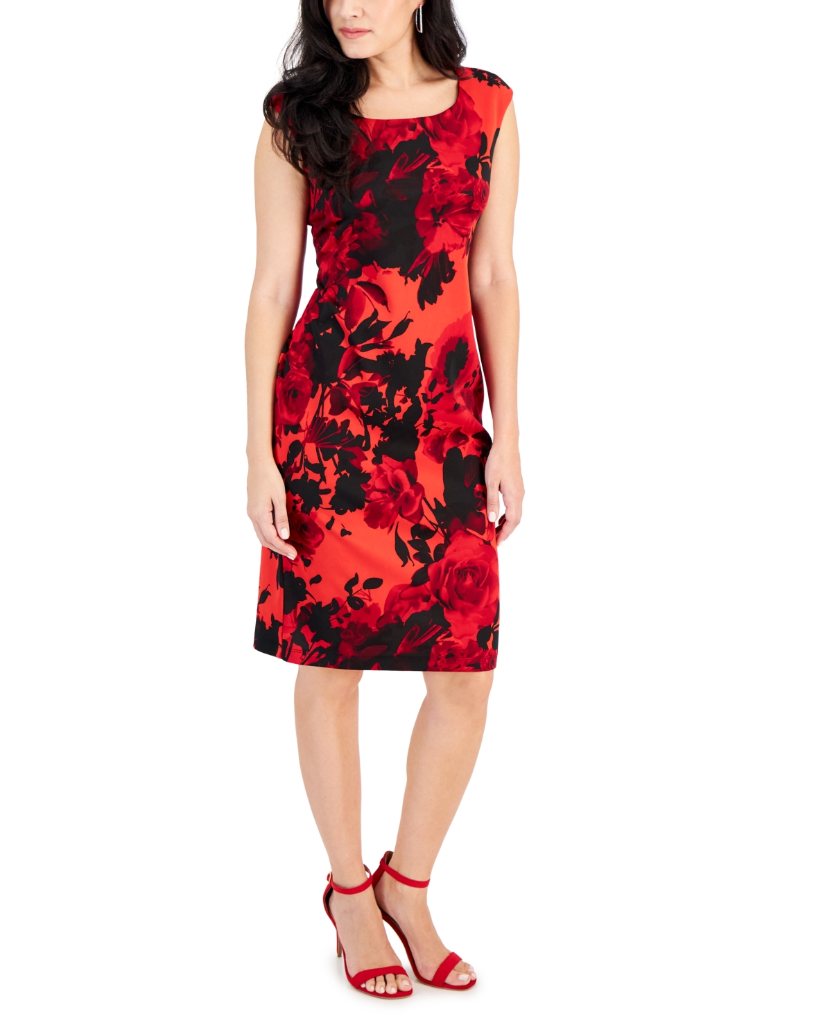 Connected Petite Sleeveless Printed Sheath Dress In Red