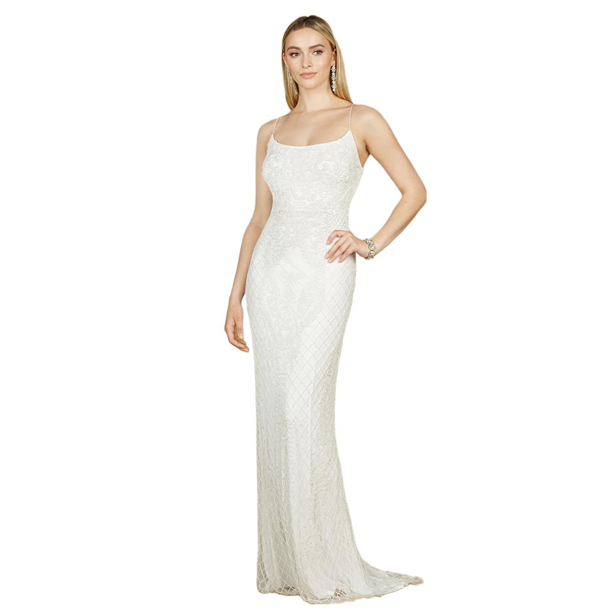 Women's Scoop Neck, Open Back Beaded Bridal Gown - Ivory