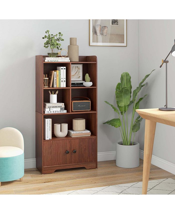 Costway 4Tier Bookshelf 2Door Storage with4 Cubes Display