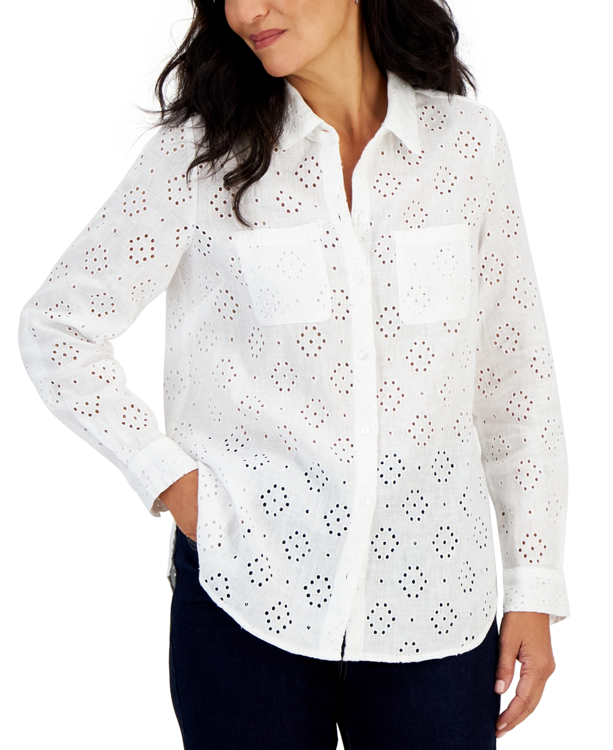 Charter Club Petite 100% Linen Allover-eyelet Button-front Top, Created For Macy's In Bright White