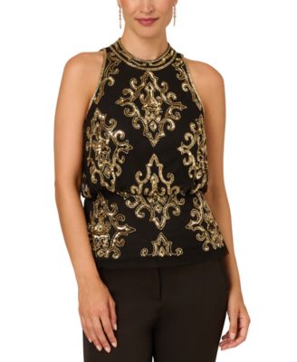 Adrianna Papell - Women's Beaded Mesh Halter-Neck Blouse
