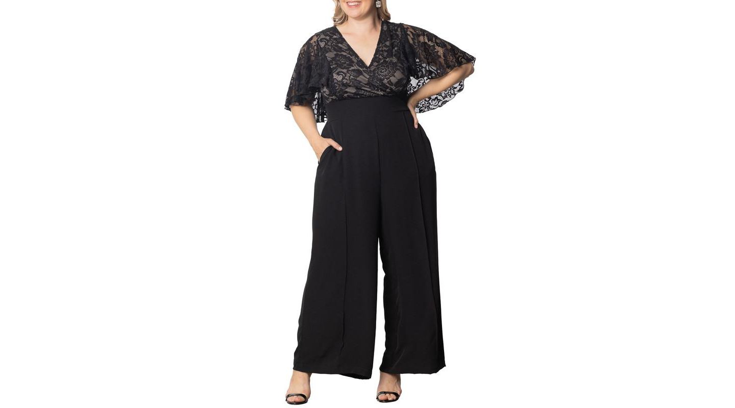 Женский комбинезон Kiyonna Plus Size Alluring Sequins Lace Formal Jumpsuit, цвет: Чёрный телесный — фото 1