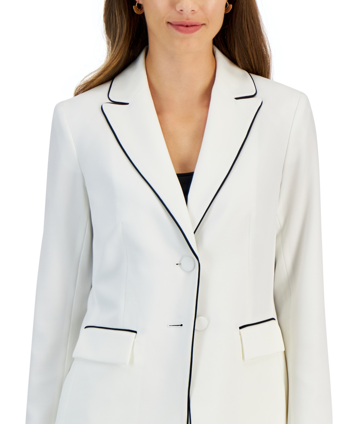 Le Suit Women's Contrast Trim Two-Button Jacket & Mid Rise Pant Suit -BLACK