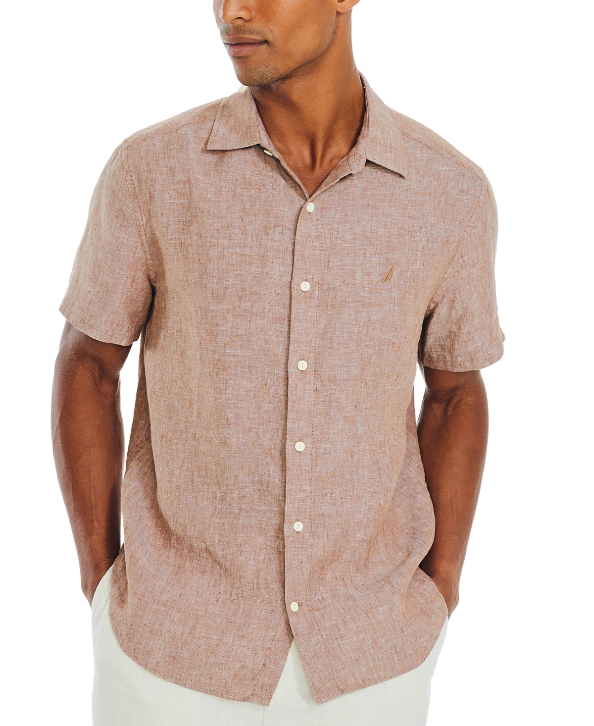 Nautica Men's Classic-fit Solid Linen Short-sleeve Shirt In Coconut Shell