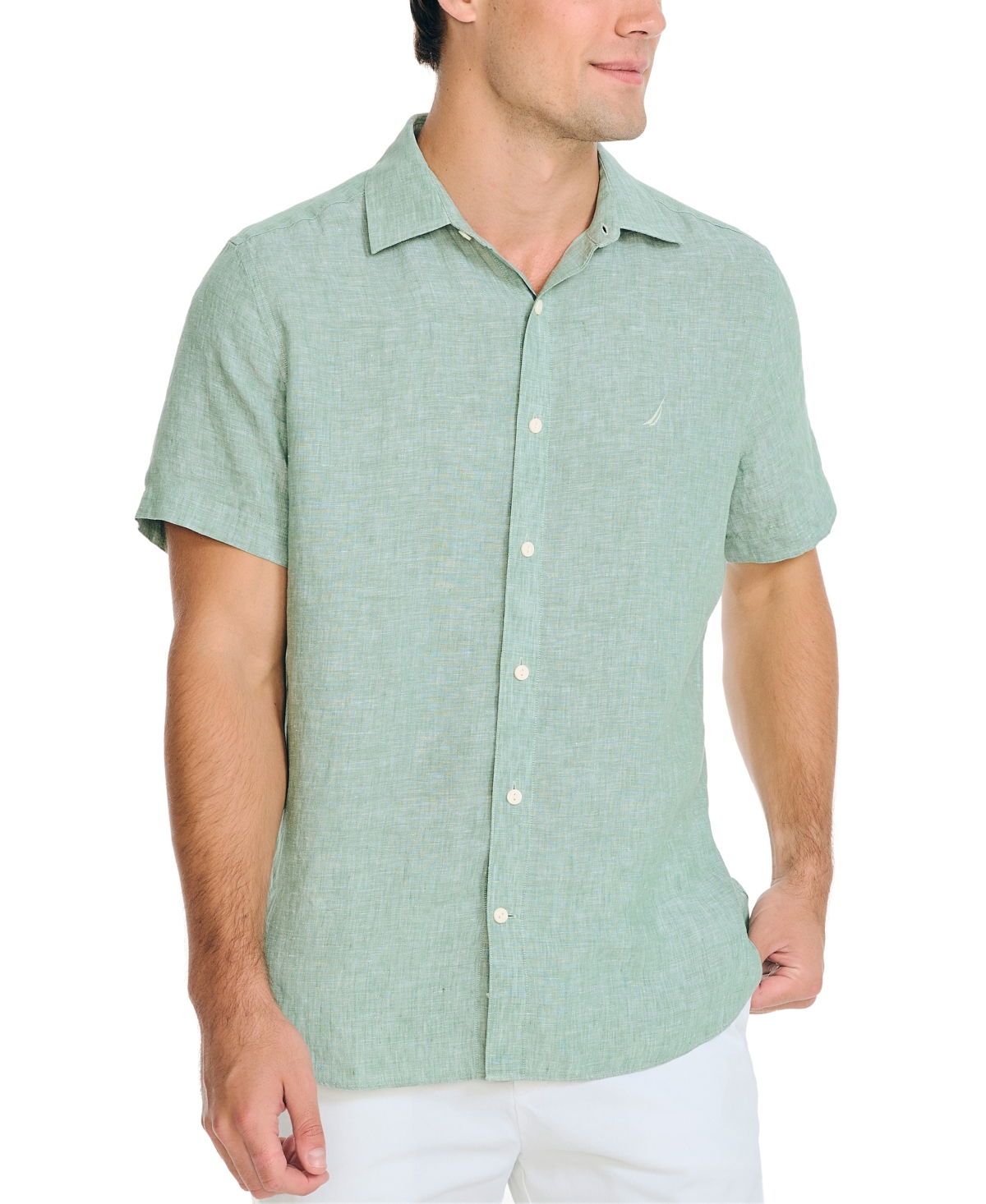 Nautica Men's Classic-fit Solid Linen Short-sleeve Shirt In Frosty Spruce