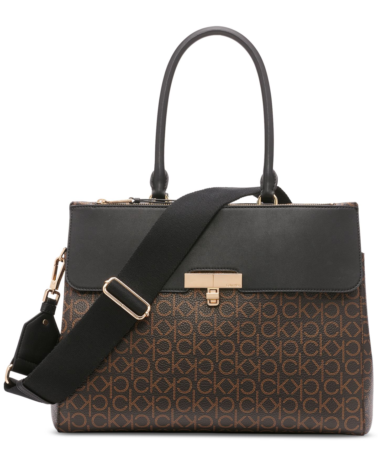 Женская сумка Calvin Klein Becky Signature Triple Compartment Turnlock Convertible Tote, цвет: Коричневый хаки / Чёрный — фото 1