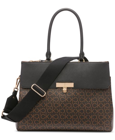 Женская сумка Calvin Klein Becky Signature Triple Compartment Turnlock Convertible Tote, цвет: Коричневый хаки / Чёрный