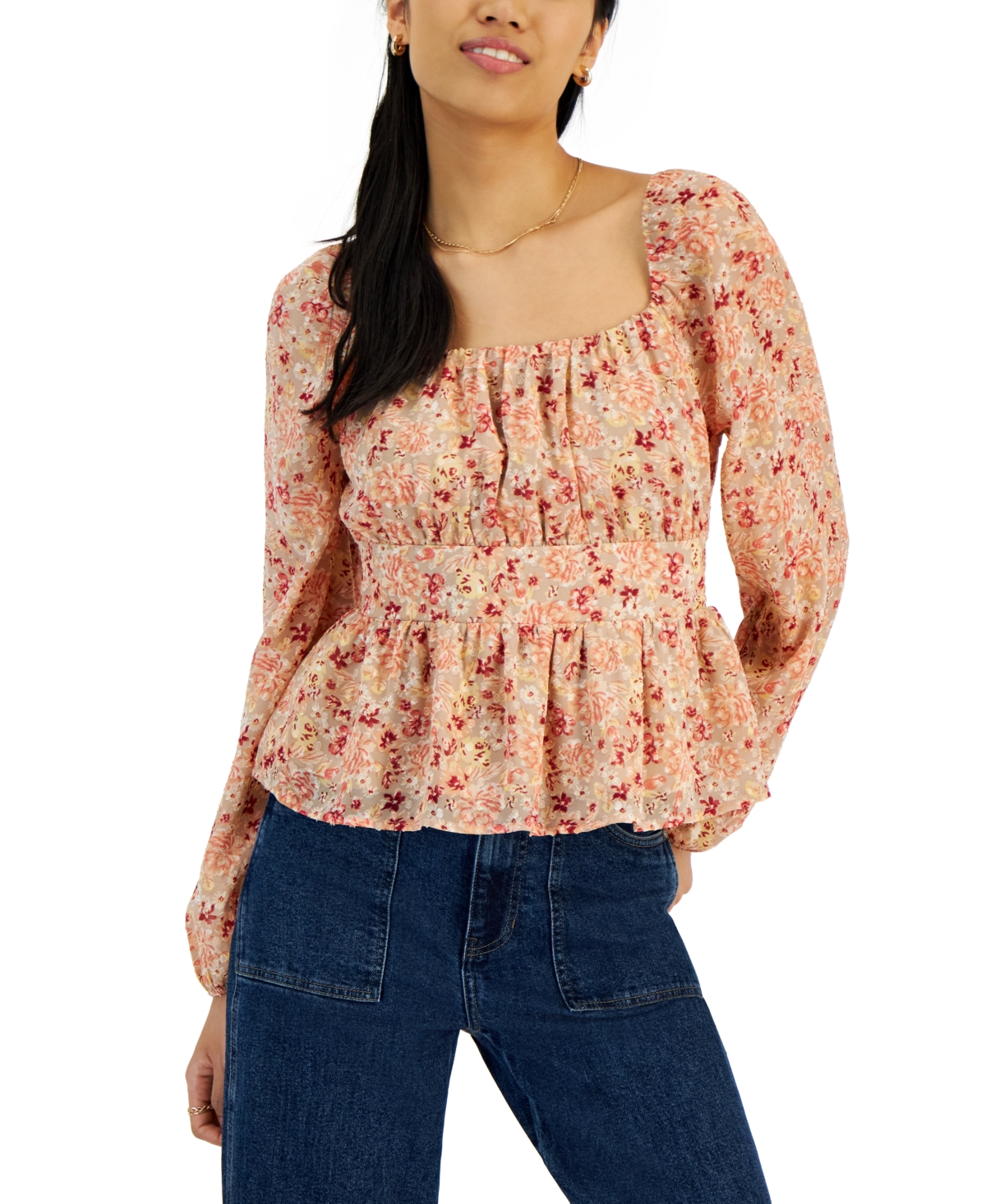 Planet Heart Juniors' Floral-print Chiffon Peplum Top In Warm Taupe