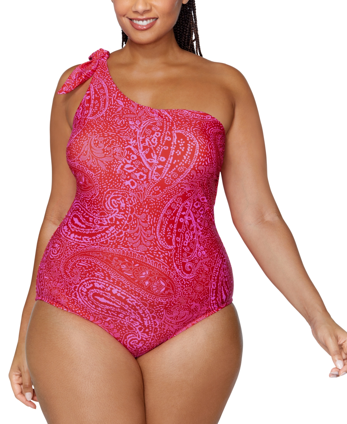 Trendy Plus Size Marita One-Shoulder One-Piece Swimsuit - Red