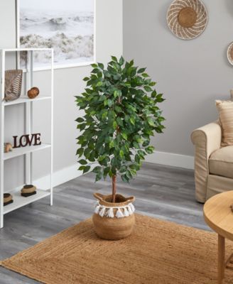 48" Artificial Ficus Tree with Handmade Jute Cotton Basket with Tassels