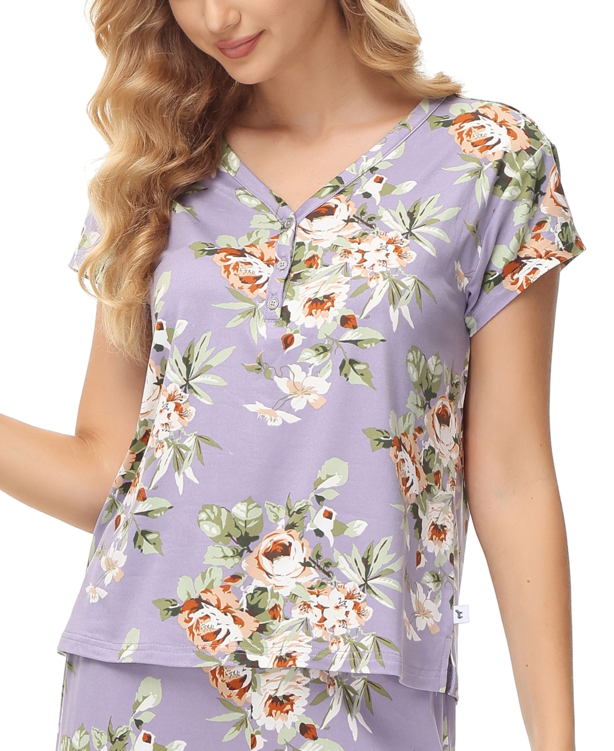 Echo Women's 2 Piece Printed Short Sleeve Henley Top with Wide Pants Pajama Set