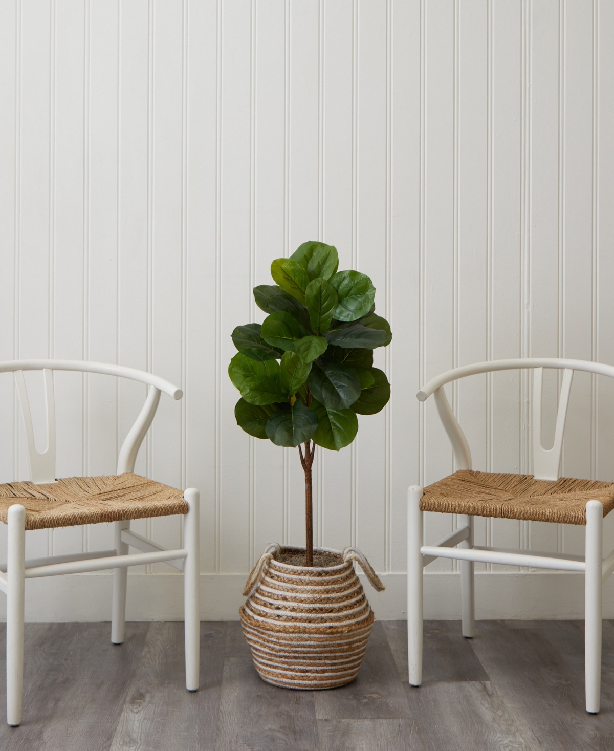 NEARLY NATURAL 42" ARTIFICIAL FIDDLE LEAF FIG TREE WITH HANDMADE COTTON JUTE BASKET WITH TASSELS DIY KIT 