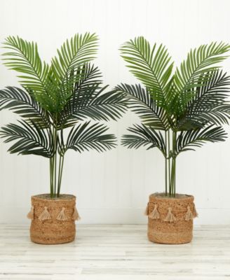 48" Artificial Paradise Palm Tree with Handmade Jute Cotton Basket with Tassels DIY Kit Set of 2