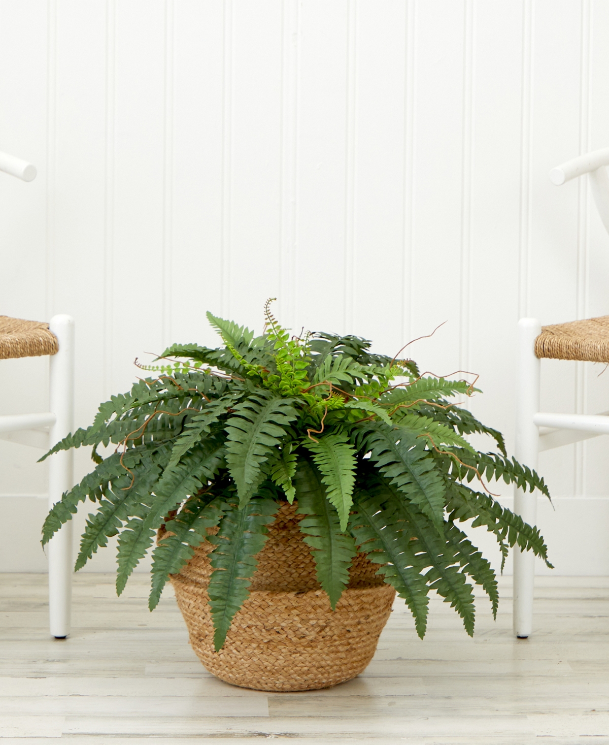 Nearly Natural 23" Artificial Boston Fern Plant With Handmade Jute Cotton Basket Diy Kit In Green