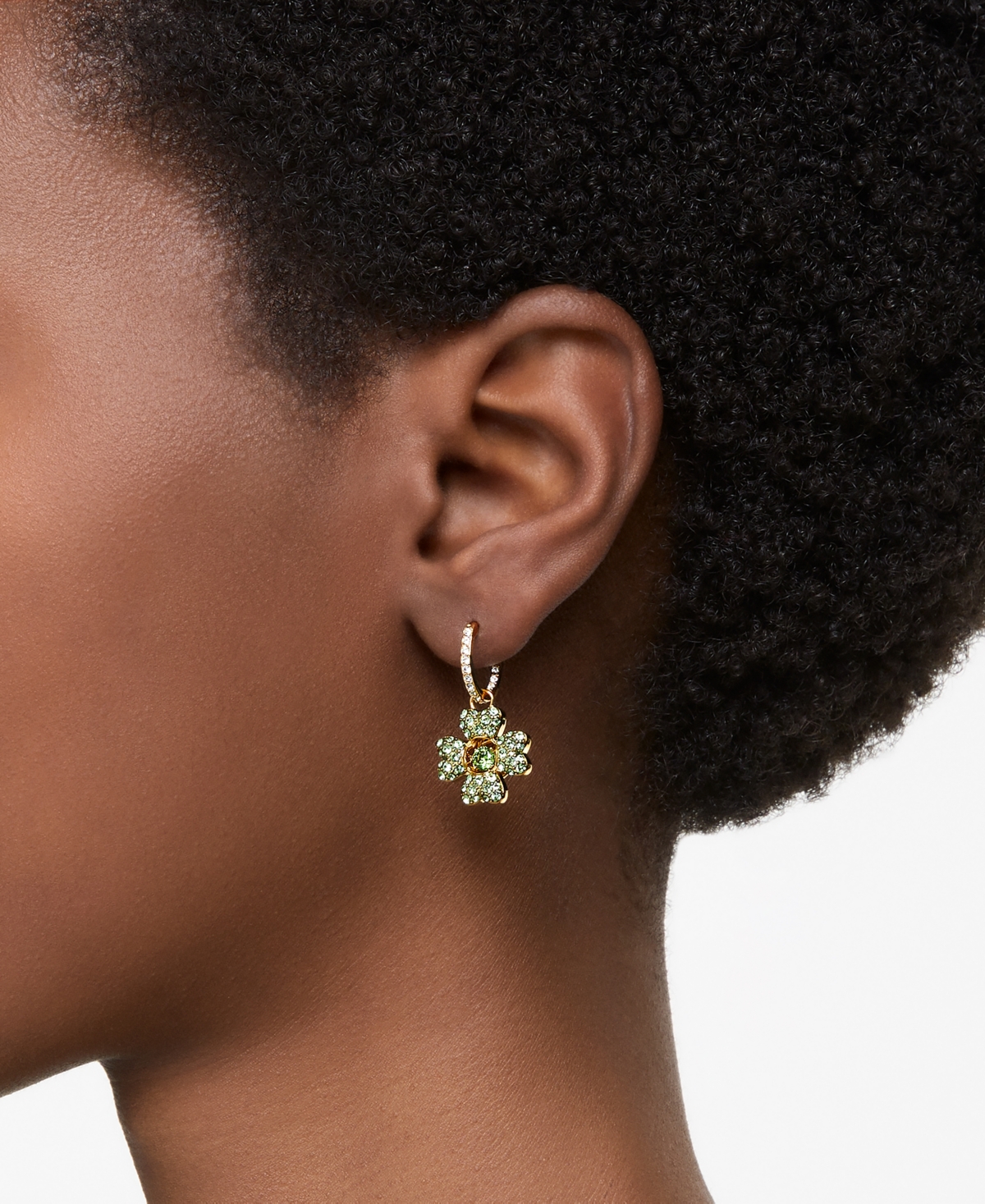 Swarovski Idyllia Pierced Earrings Mini Hoop Clover Cz Gold Shiny Green In Green