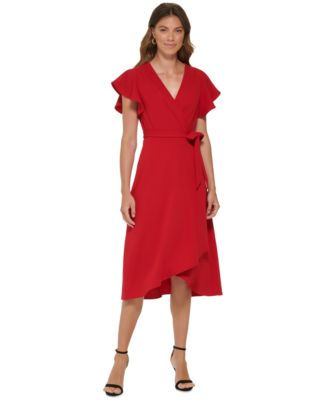 DKNY Short Flutter Sleeve Surplice V-Neck Tie Waist Fit & Flare...