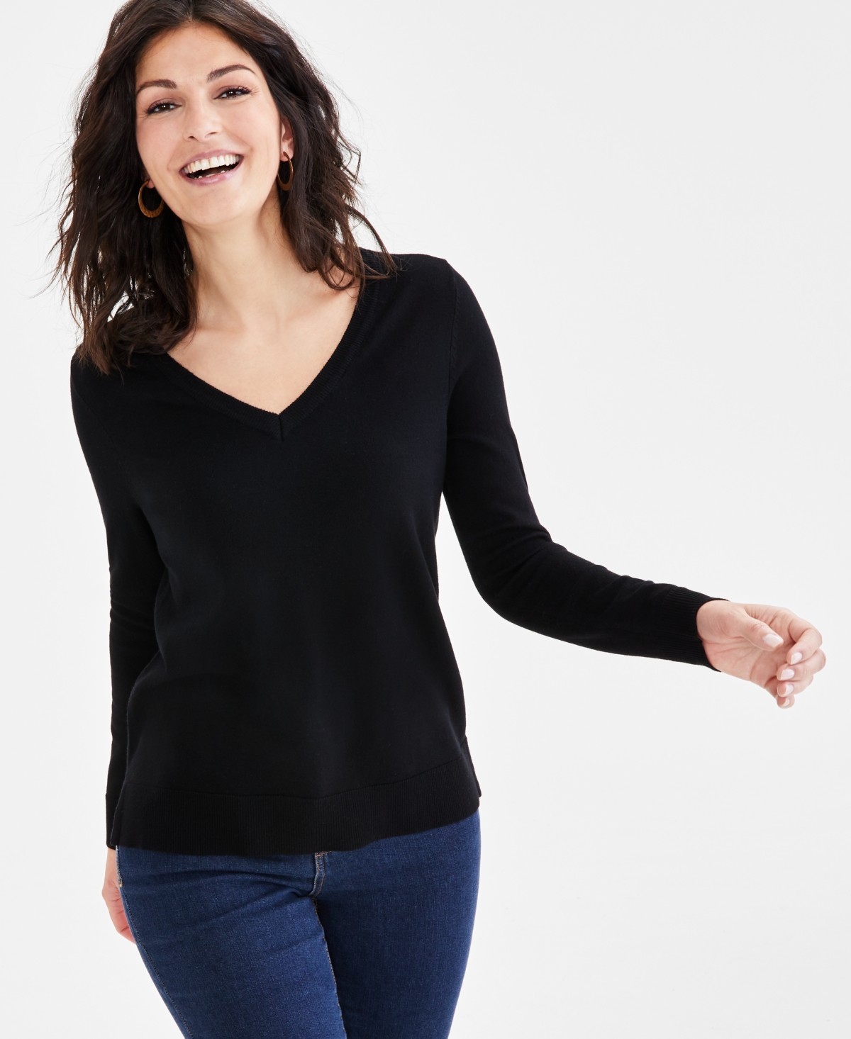 Style & Co Women's V-neck Long-sleeve Sweater, Created For Macy's In Deep Black