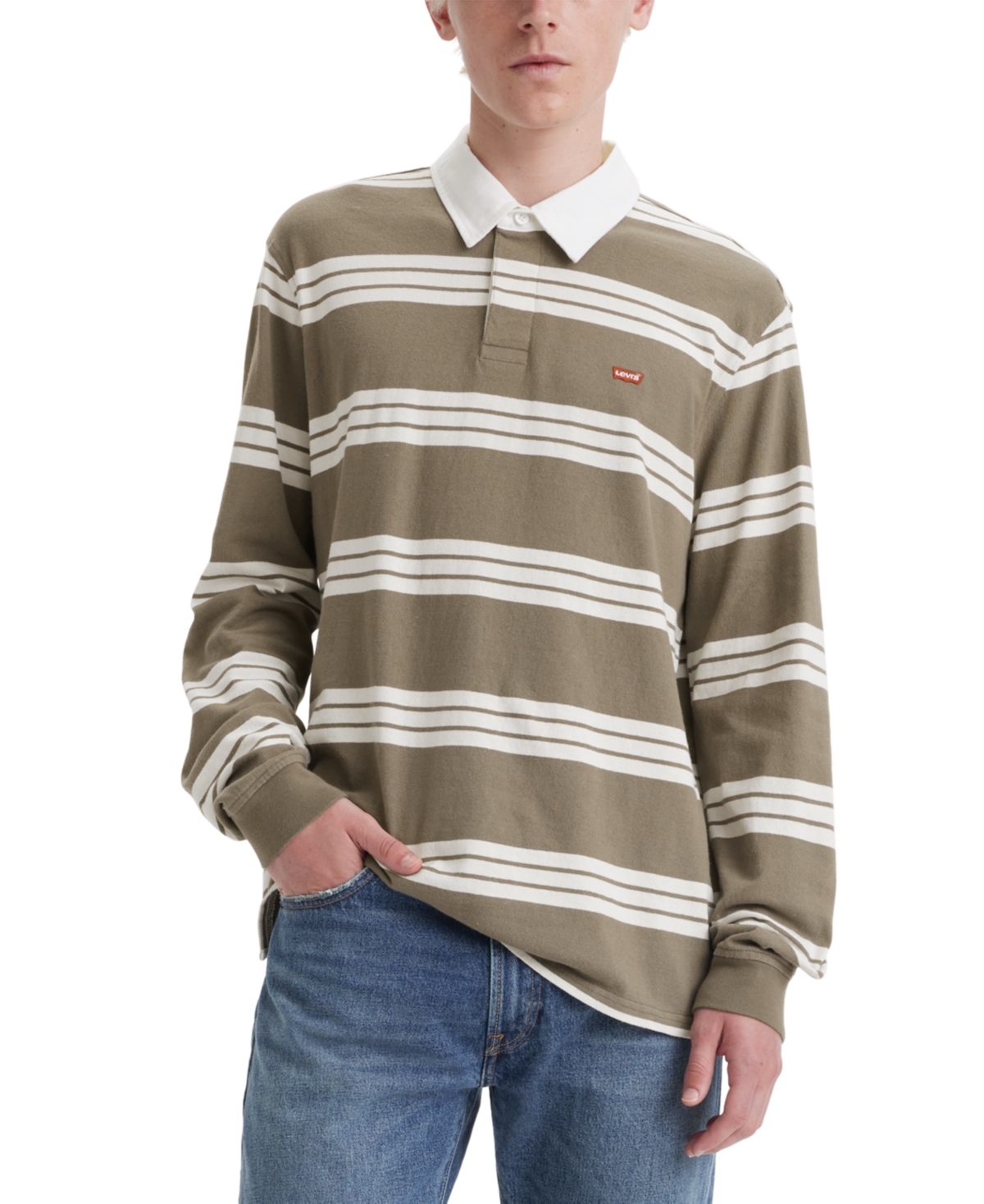 Levi's Men's Classic-fit Striped Long Sleeve Rugby Shirt In Hemlock Stripe Smokey Olive