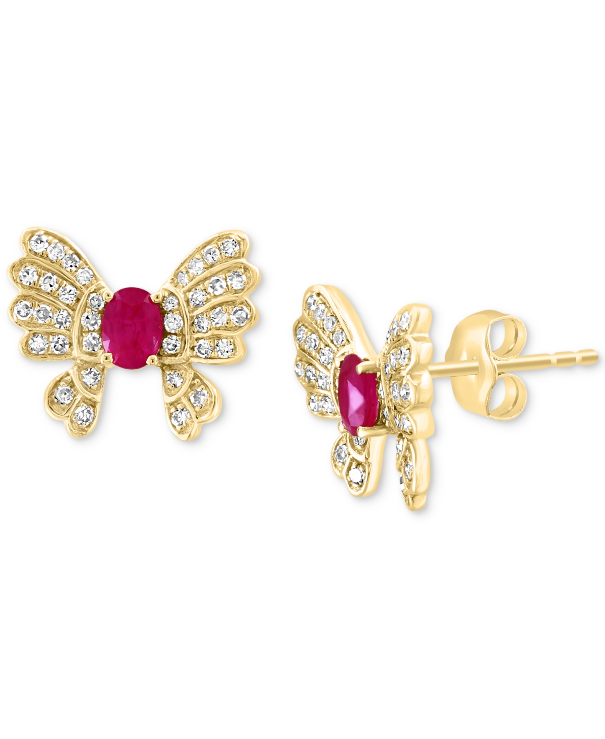 Effy Collection Effy Ruby (1/2 Ct. T.w.) & Diamond (1/4 Ct. T.w.) Butterfly Stud Earrings In 14k Gold In Yellow Gold
