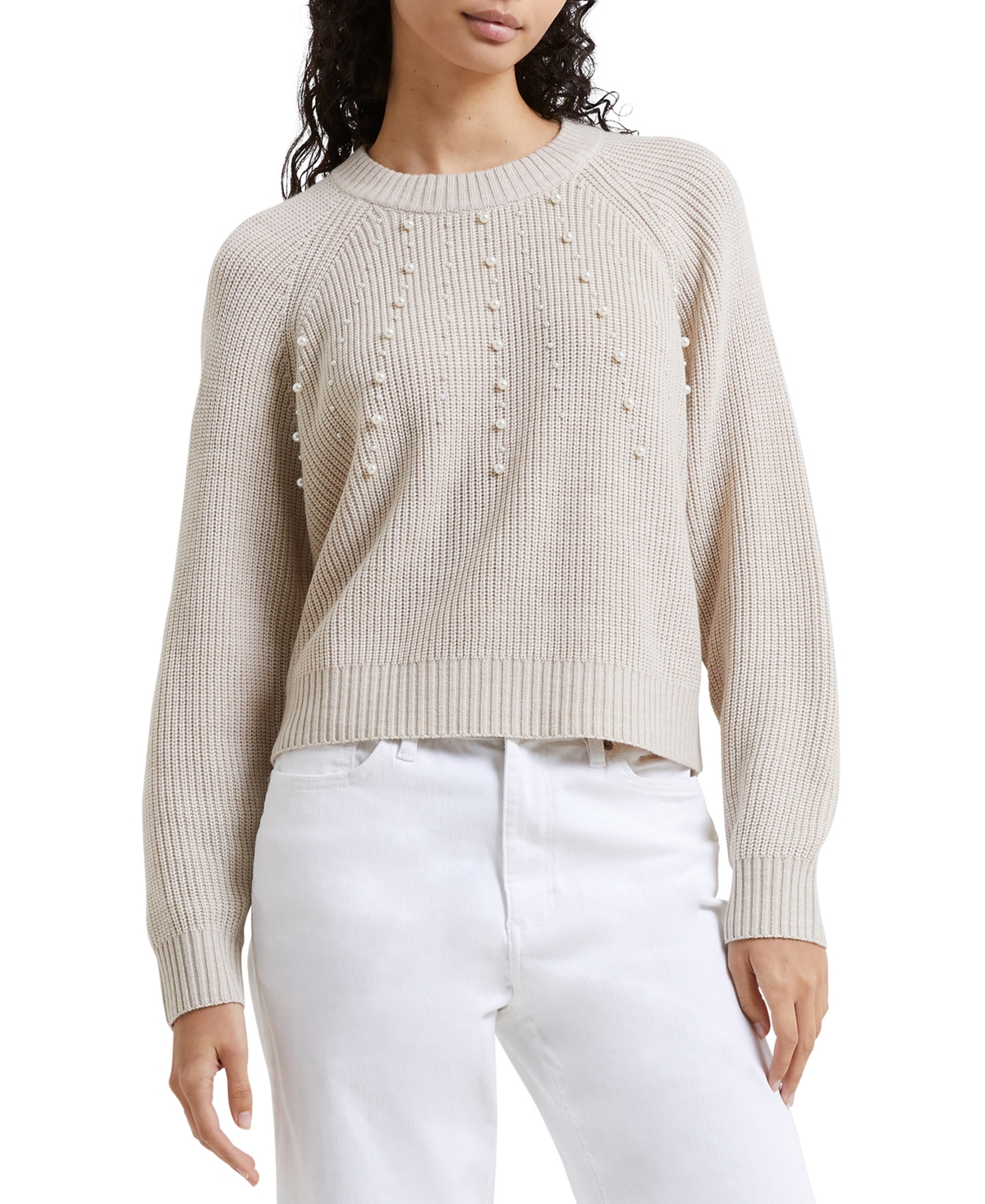 Shop French Connection Women's Imitation Pearl Long-sleeve Lightweight Sweater In Classic Cream
