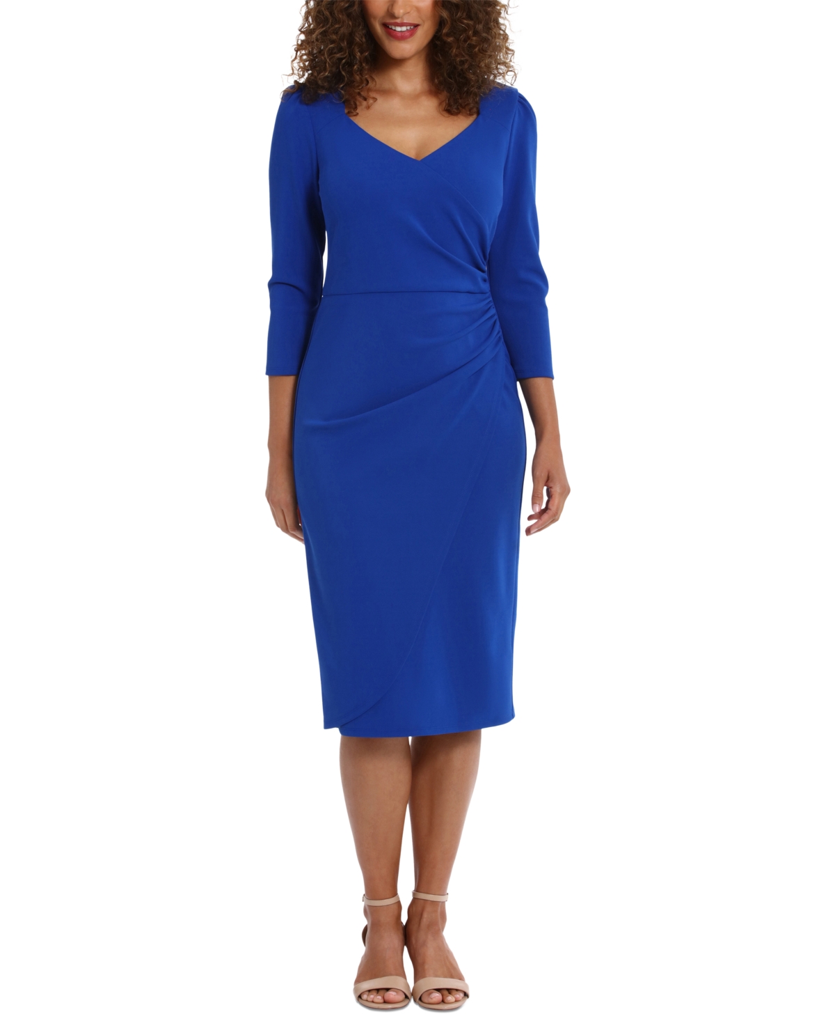 London Times Petite Puff-sleeve Ruched Sheath Dress In Blue