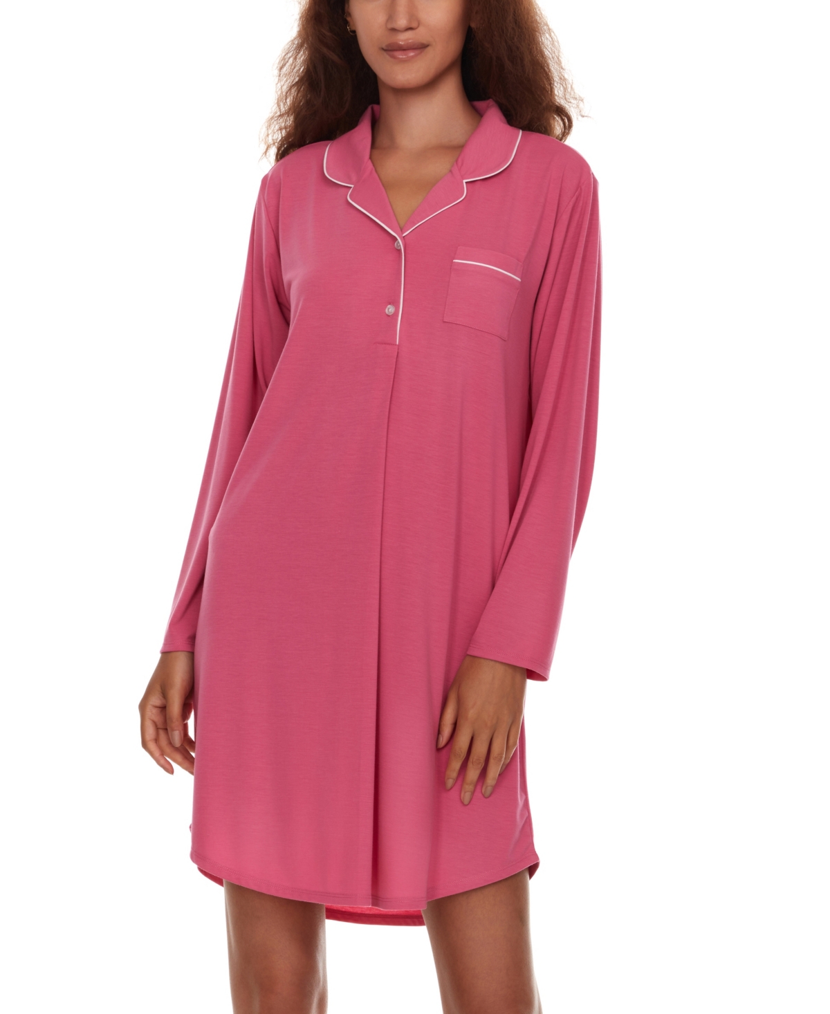 Flora By Flora Nikrooz Women's Deborah Long Sleeve Notch Knit Sleepshirt Nightgown In Hot Pink