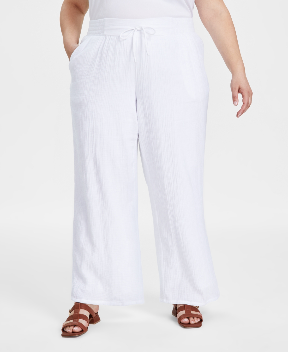 Plus Size Gauze Drawstring Pants, Created for Macy's - Bright White
