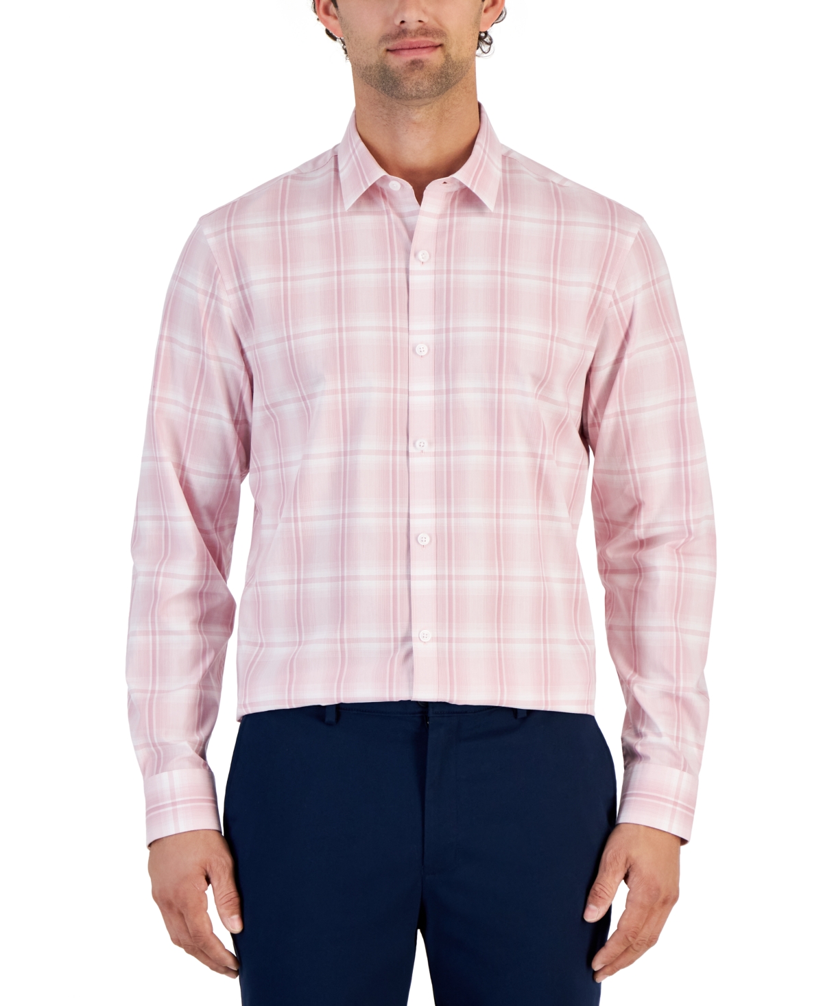 Alfani Men's Plaid Print Long-sleeve Button-up Shirt, Created For Macy's In Pink