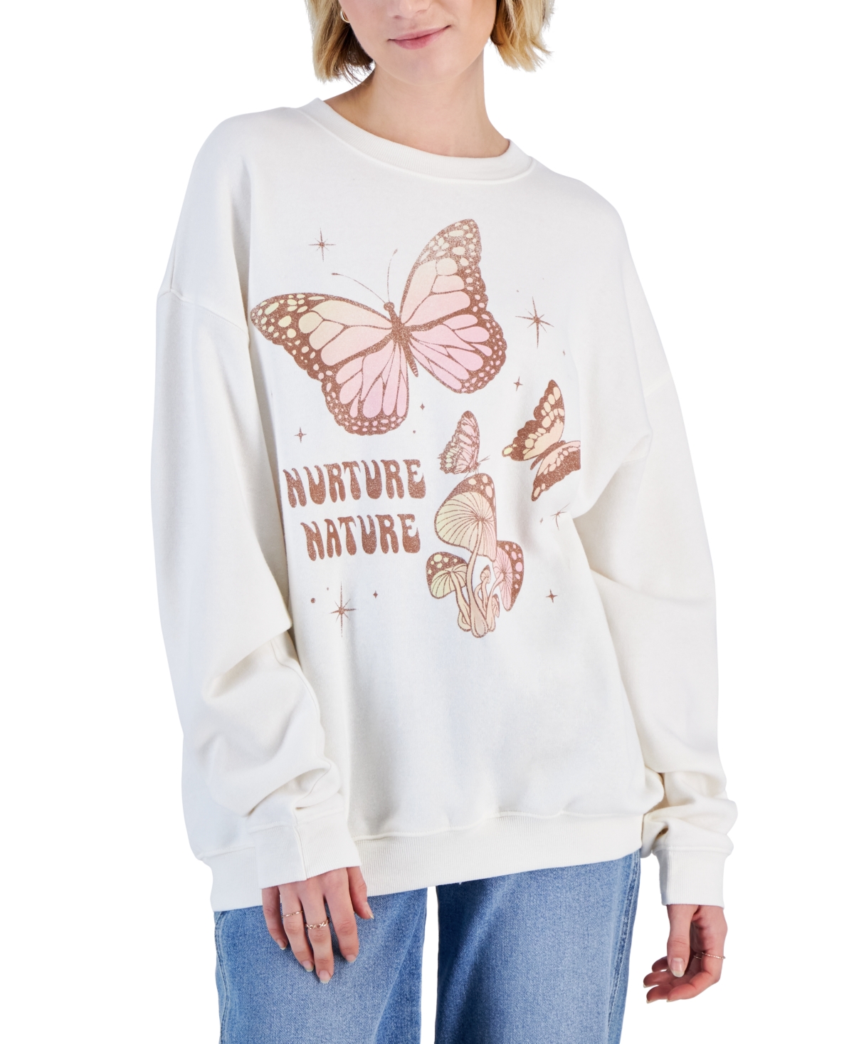 Grayson Threads, The Label Juniors' Nurture Nature Butterfly Graphic Sweatshirt In Off White