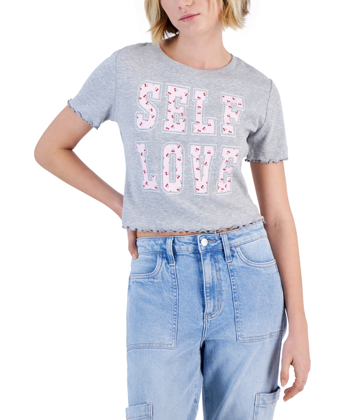 Grayson Threads, The Label Juniors' Self Love Lettuce-edge Cropped T-shirt In Grey