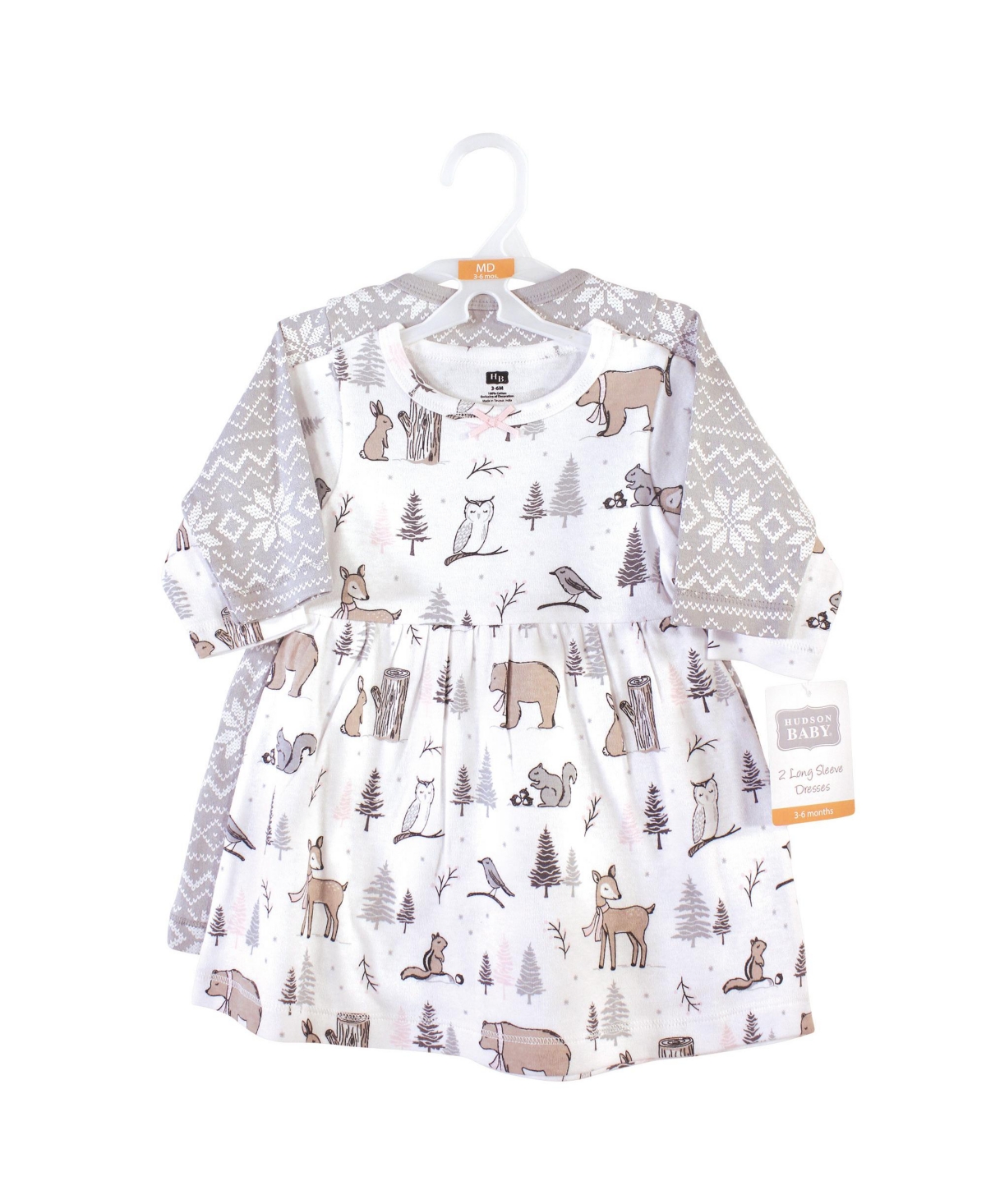 Hudson Baby Baby Girls Cotton Long-Sleeve Dresses 2pk,- Gray winter forest