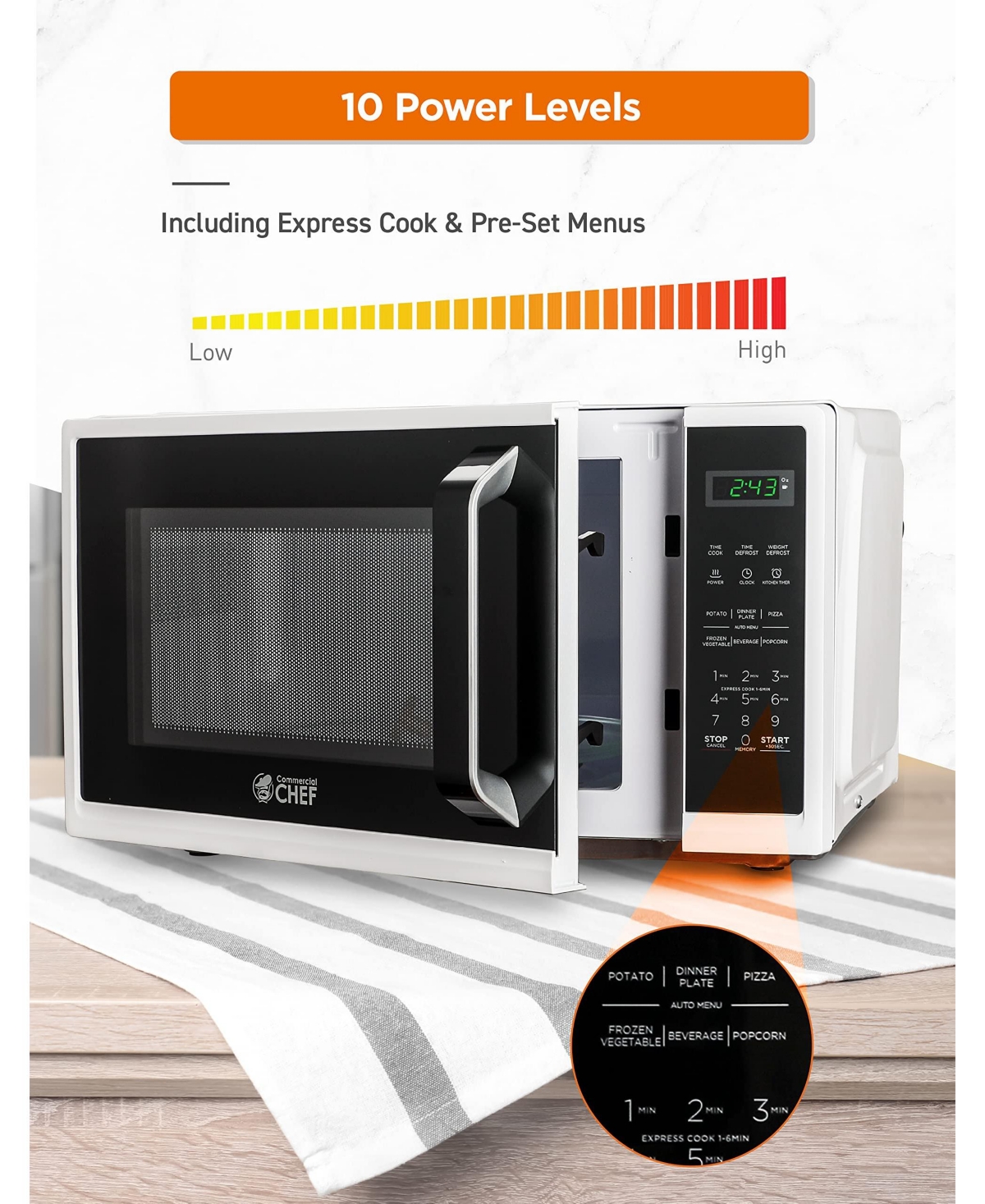 Commercial Chef 0.9 Cu. Ft. Counter Top Microwave 10 Power Levels- White