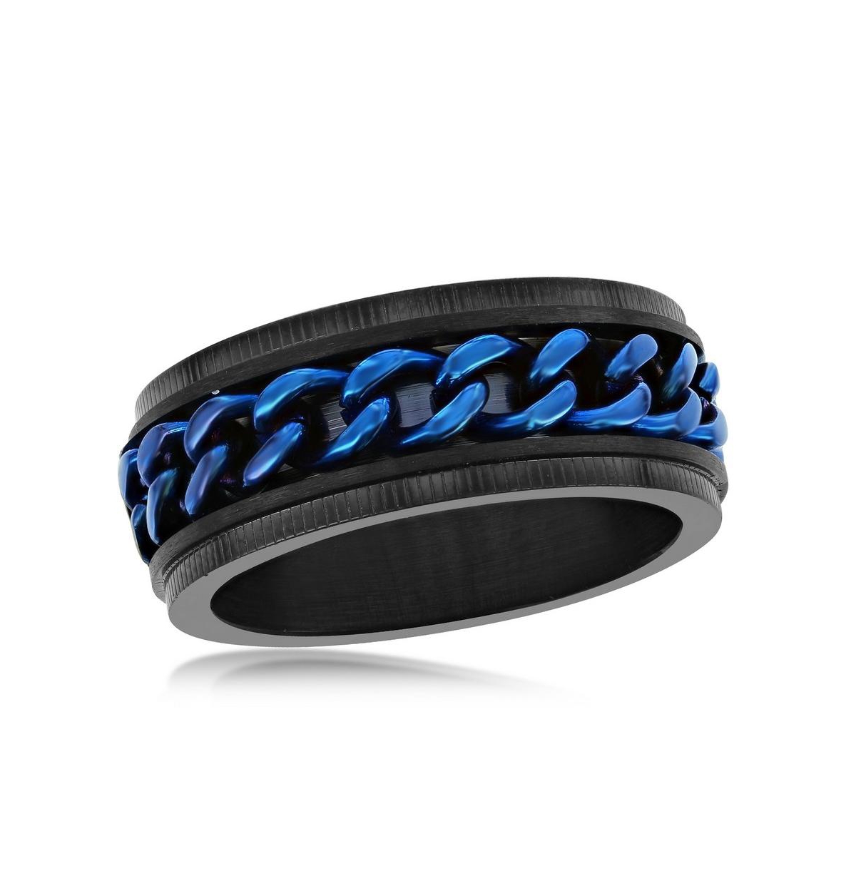 Stainless Steel Blue Cuban Link Ring - Black Plated - Black  blue