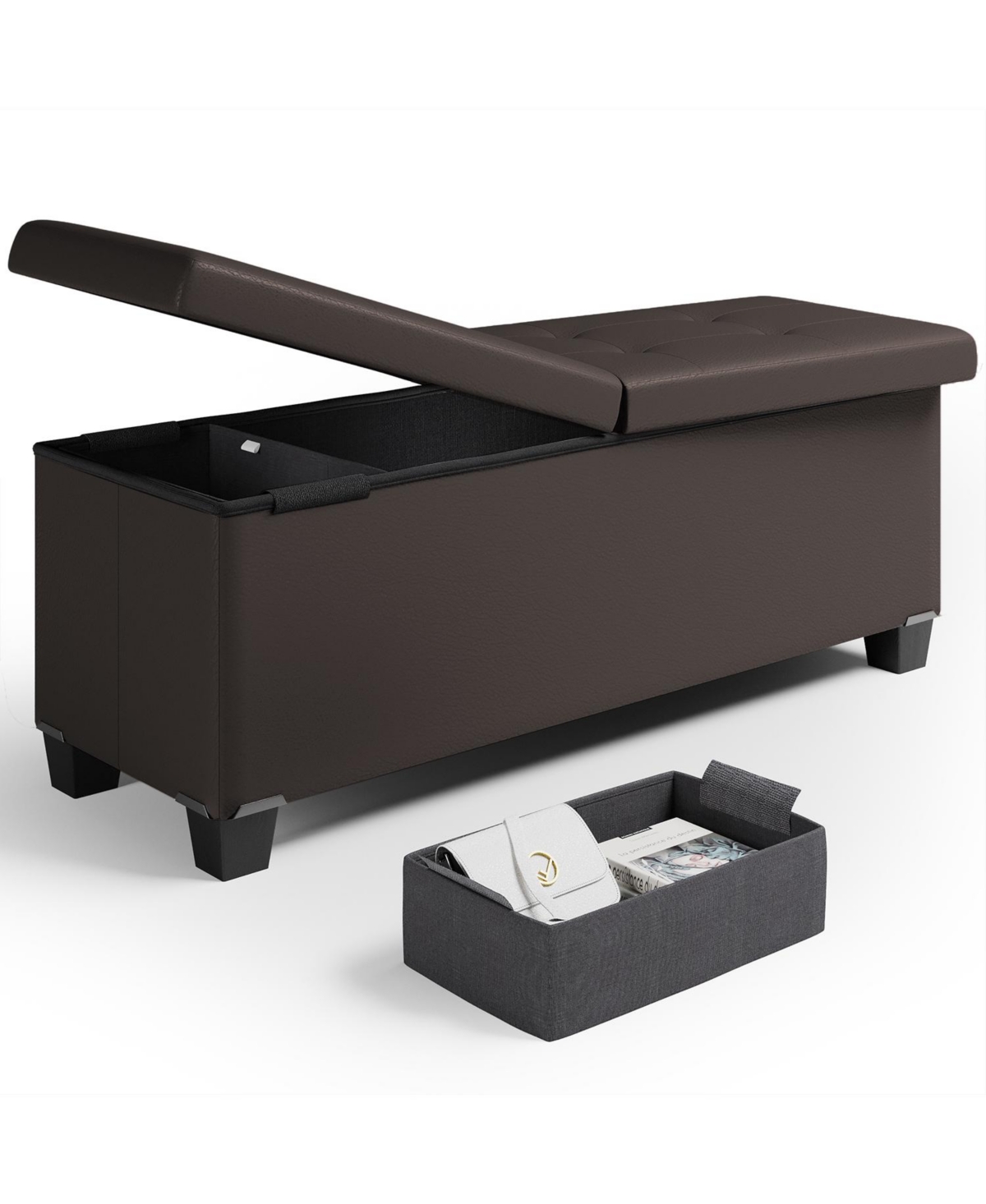 Nestl 43 Inch Ottoman Storage Bench with Storage Bins - Leatherette or Linen Finish