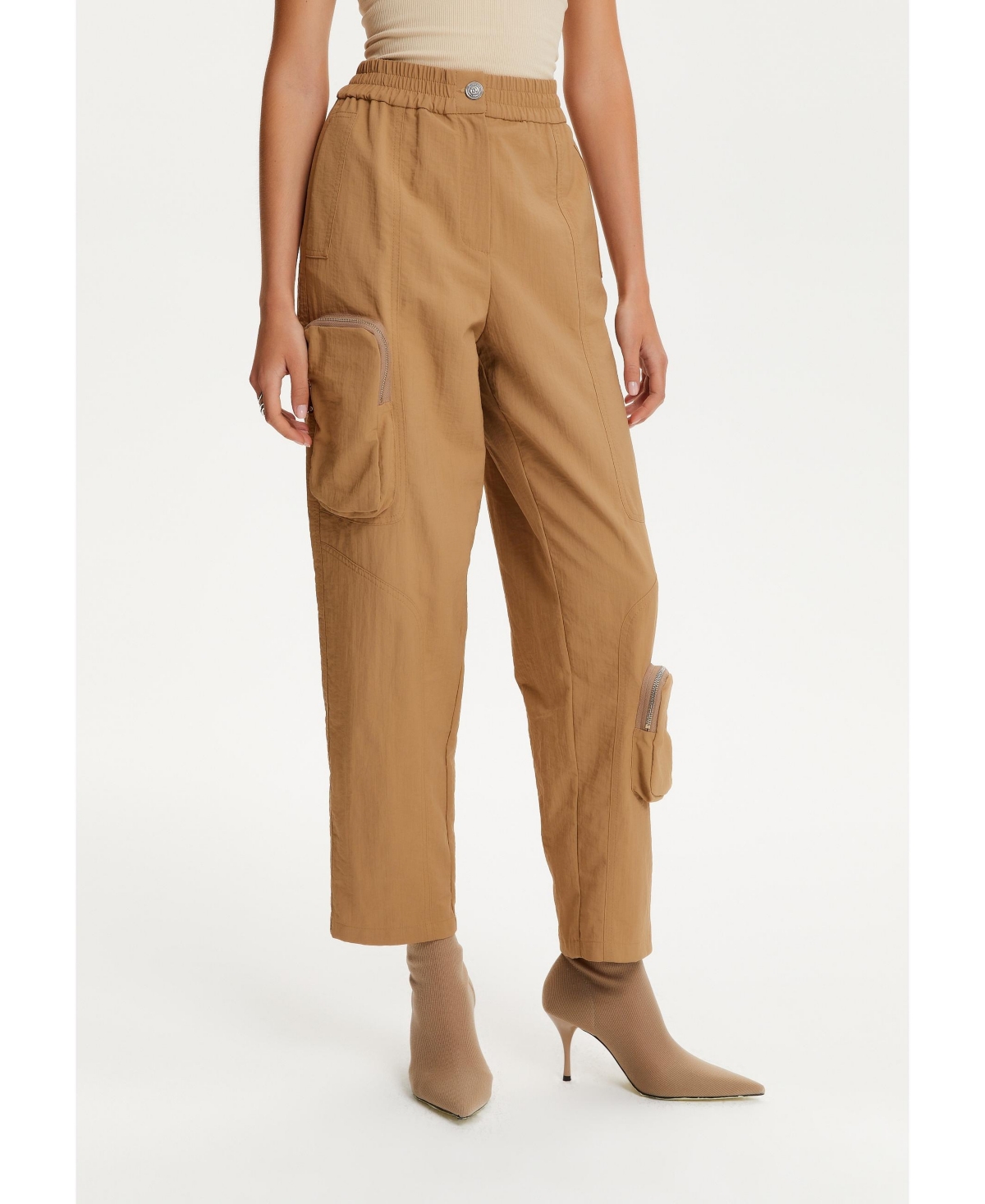 Shop Nocturne Women's High Waist Boyfriend Pants With Cargo Pockets In Camel