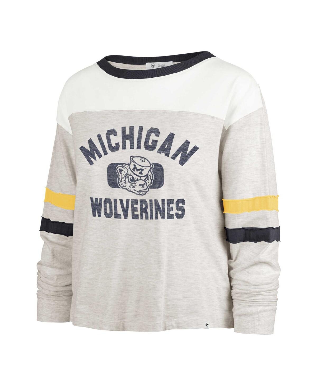 47 BRAND WOMEN'S '47 BRAND OATMEAL DISTRESSED MICHIGAN WOLVERINES VAULT ALL CLASS LENA LONG SLEEVE T-SHIRT 