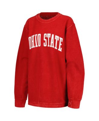 Women's Scarlet Distressed Ohio State Buckeyes Comfy Corded Vintage-Like Wash Basic Arch Pullover Sweatshirt