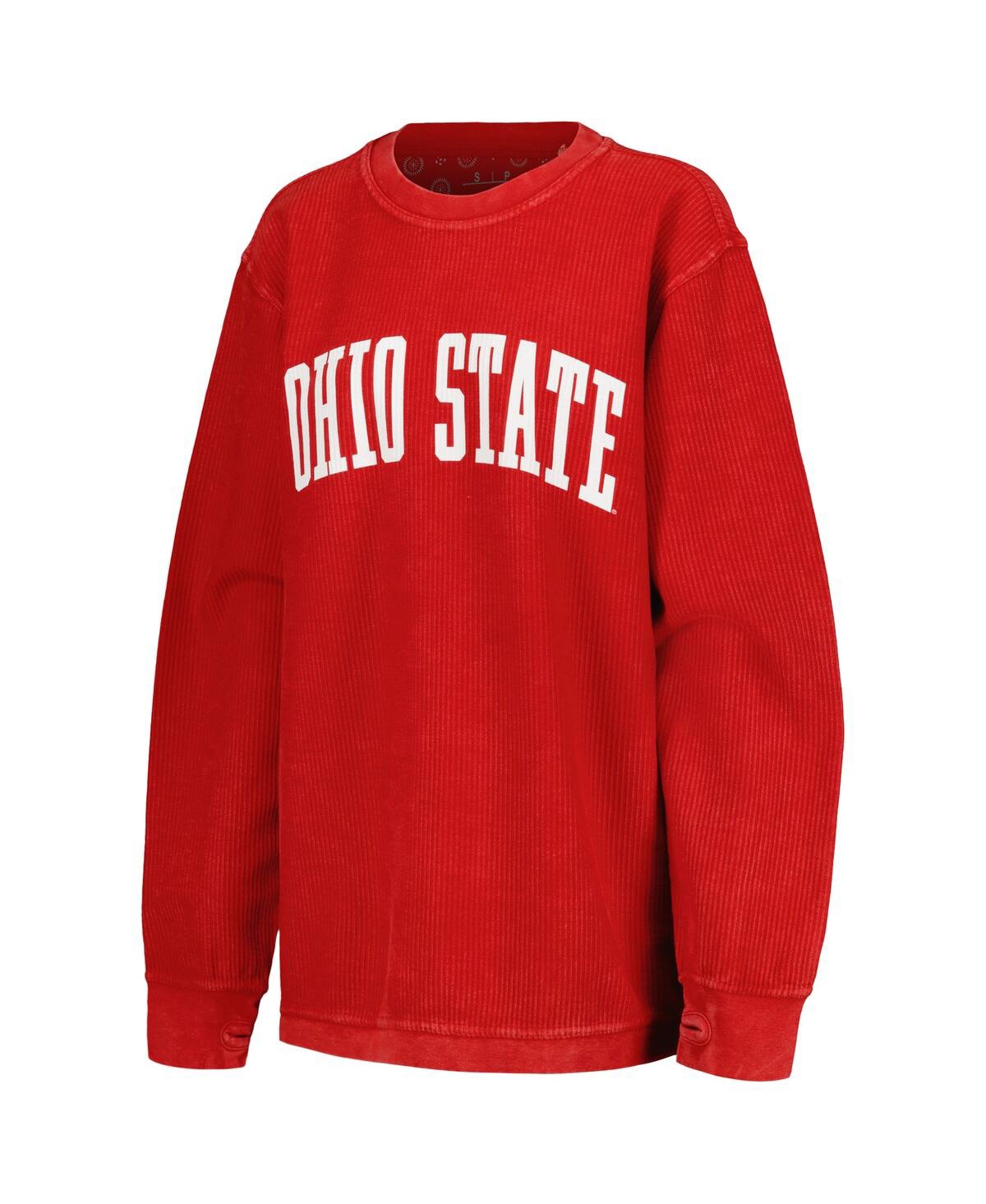 Women's PressboxDistressed Ohio State Buckeyes Comfy Corded Vintage-Like Wash Basic Arch Pullover Sweatshirt - Scarlet