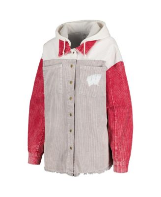 Women's Gray Distressed Wisconsin Badgers Vintage-Like Wash Corduroy Full-Snap Hooded Shacket