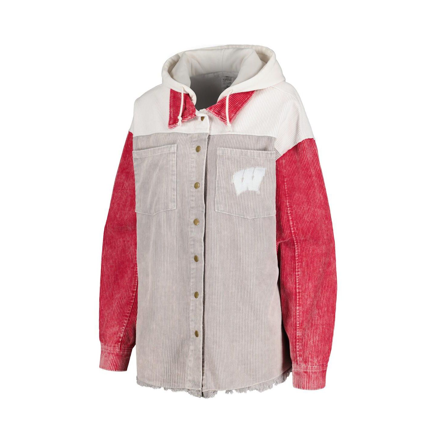 Женские куртки Gameday Couture Gray Distressed Wisconsin Badgers Vintage-Like Wash Corduroy Full-Snap Hooded Shacket — фото 6